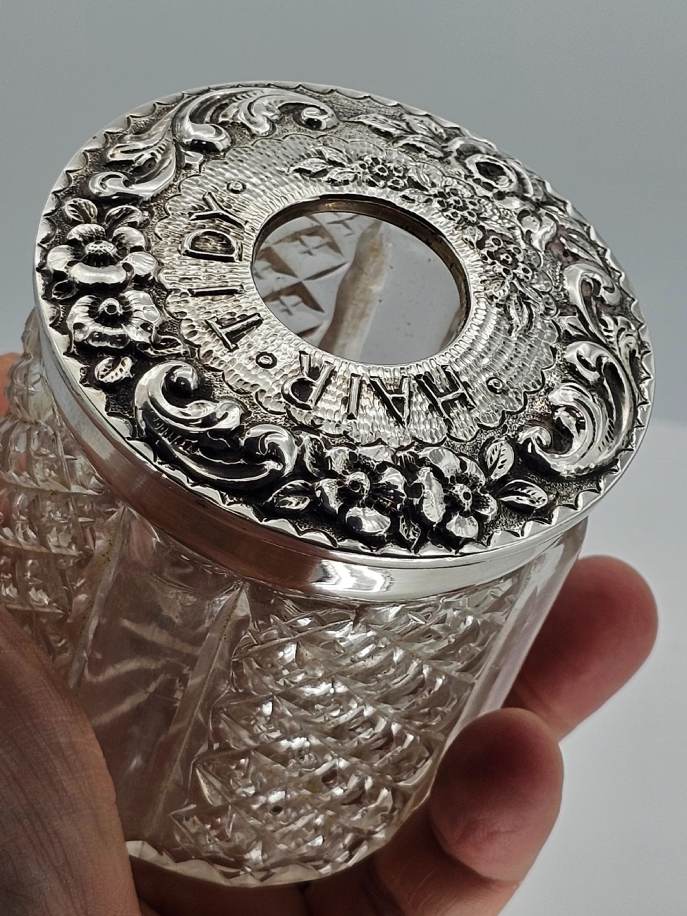 Delightful Silver Top & Cut Glass Large 'Hair Tidy' View XII