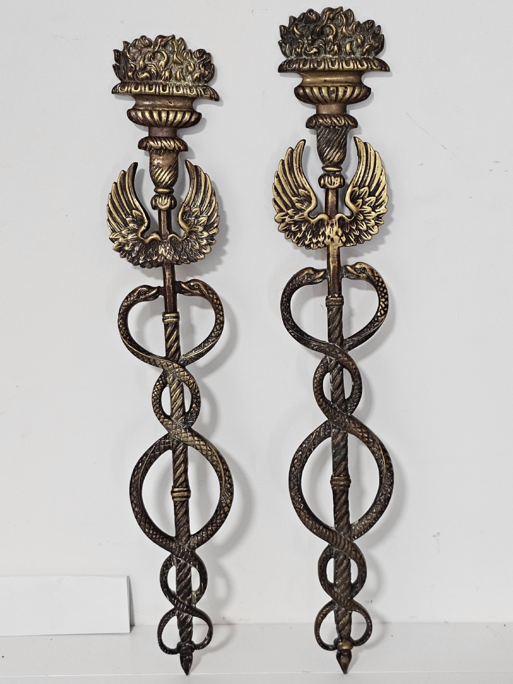 Pair of Caduceus: Symbol of God Hermes Mercury Bronze Bracket entwined by two Serpents, surmounted by wings