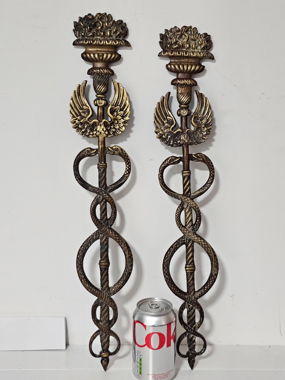 Pair of Caduceus: Symbol of God Hermes Mercury Bronze Bracket entwined by two Serpents, surmounted by wings View II