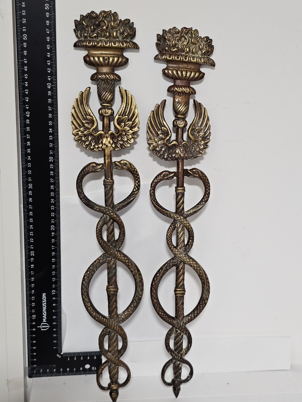 Pair of Caduceus: Symbol of God Hermes Mercury Bronze Bracket entwined by two Serpents, surmounted by wings View III