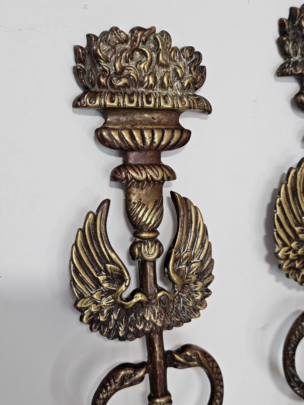 Pair of Caduceus: Symbol of God Hermes Mercury Bronze Bracket entwined by two Serpents, surmounted by wings View IV