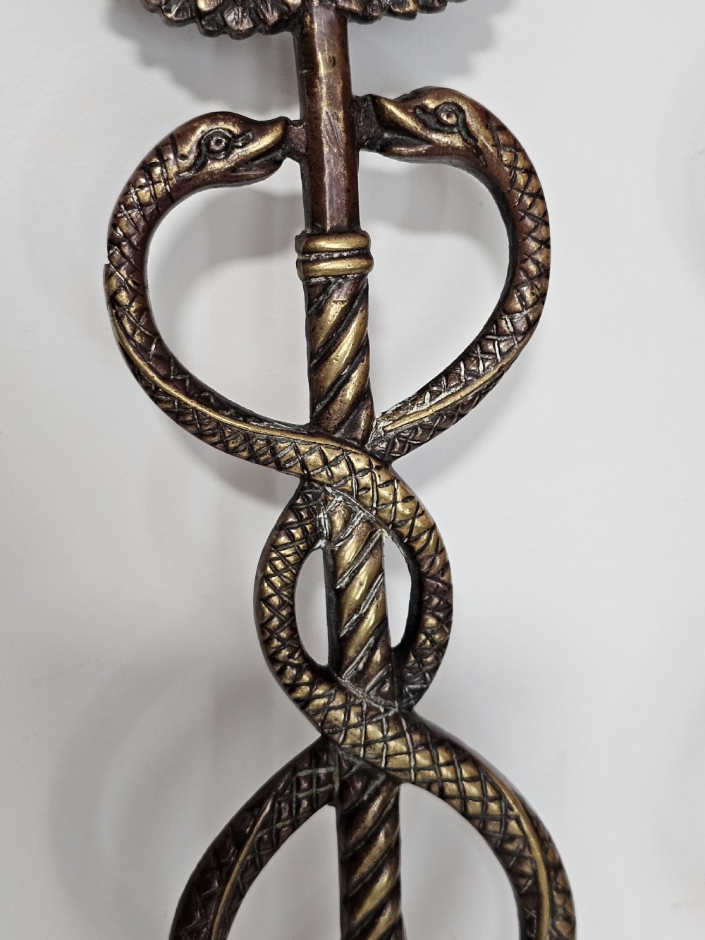 Pair of Caduceus: Symbol of God Hermes Mercury Bronze Bracket entwined by two Serpents, surmounted by wings View V