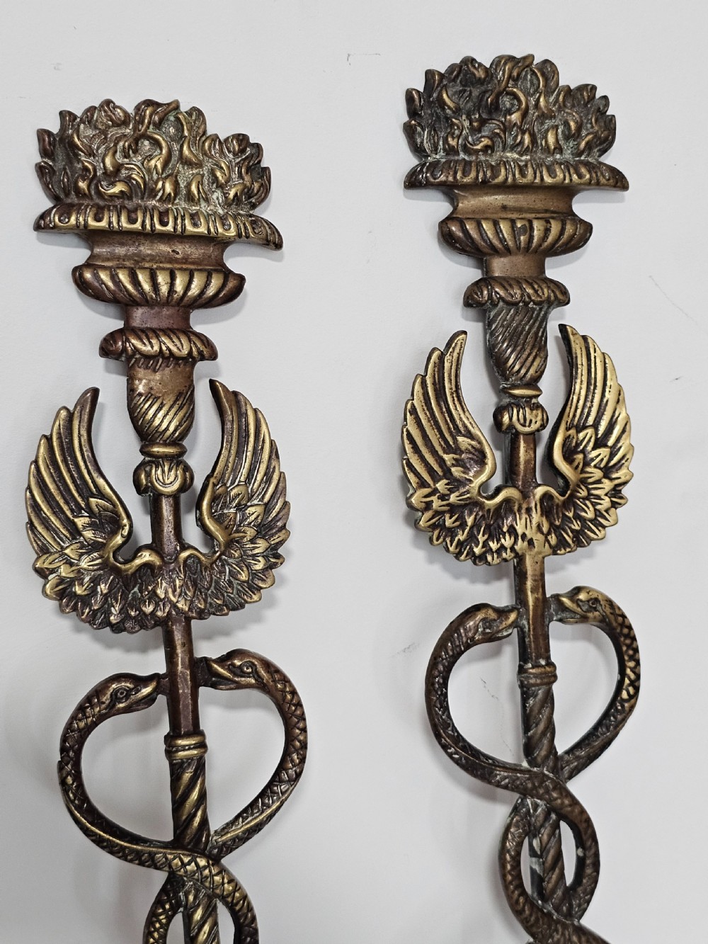 Pair of Caduceus: Symbol of God Hermes Mercury Bronze Bracket entwined by two Serpents, surmounted by wings View VI