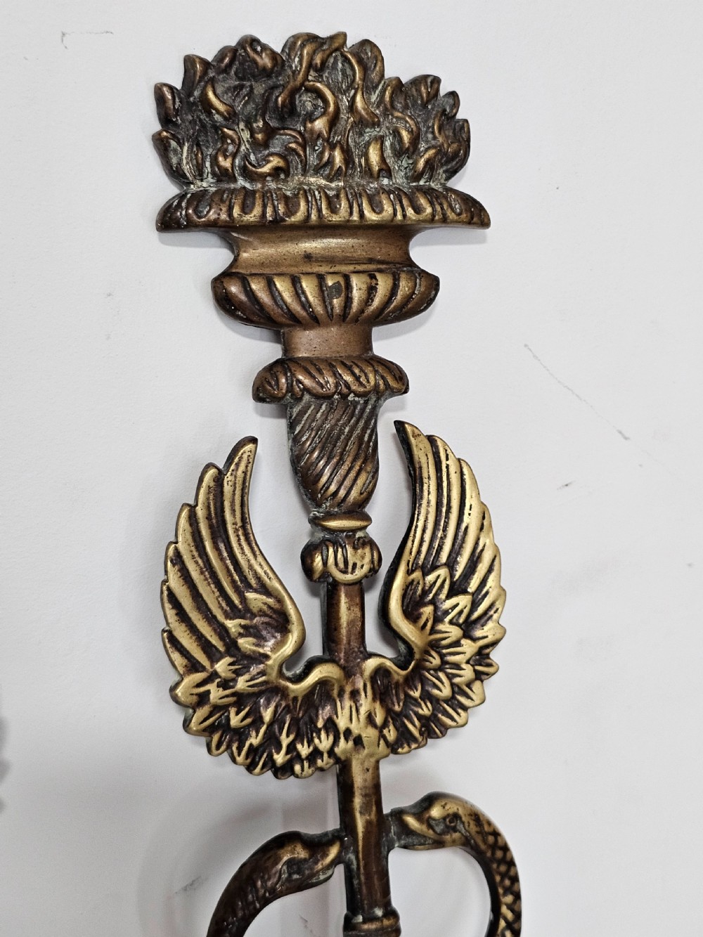Pair of Caduceus: Symbol of God Hermes Mercury Bronze Bracket entwined by two Serpents, surmounted by wings View VII