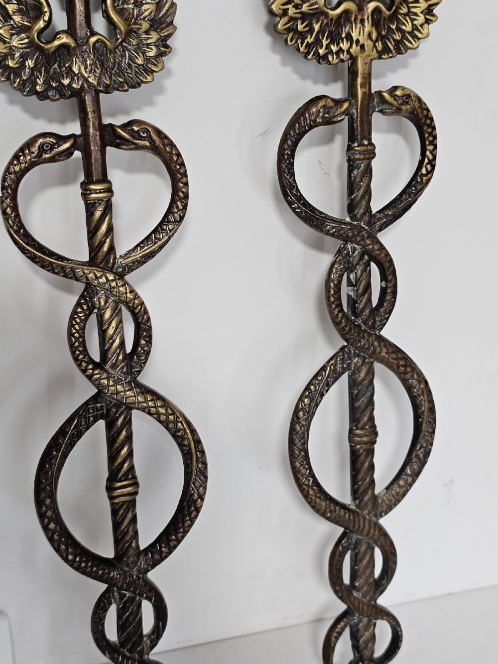 Pair of Caduceus: Symbol of God Hermes Mercury Bronze Bracket entwined by two Serpents, surmounted by wings View VIII