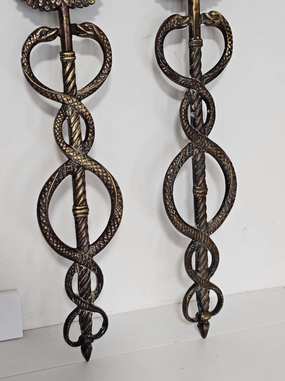 Pair of Caduceus: Symbol of God Hermes Mercury Bronze Bracket entwined by two Serpents, surmounted by wings View IX