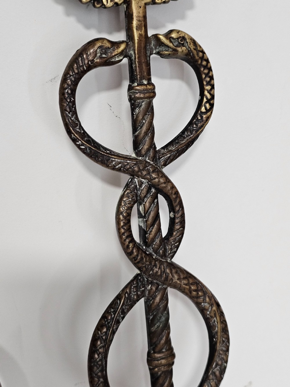 Pair of Caduceus: Symbol of God Hermes Mercury Bronze Bracket entwined by two Serpents, surmounted by wings View X