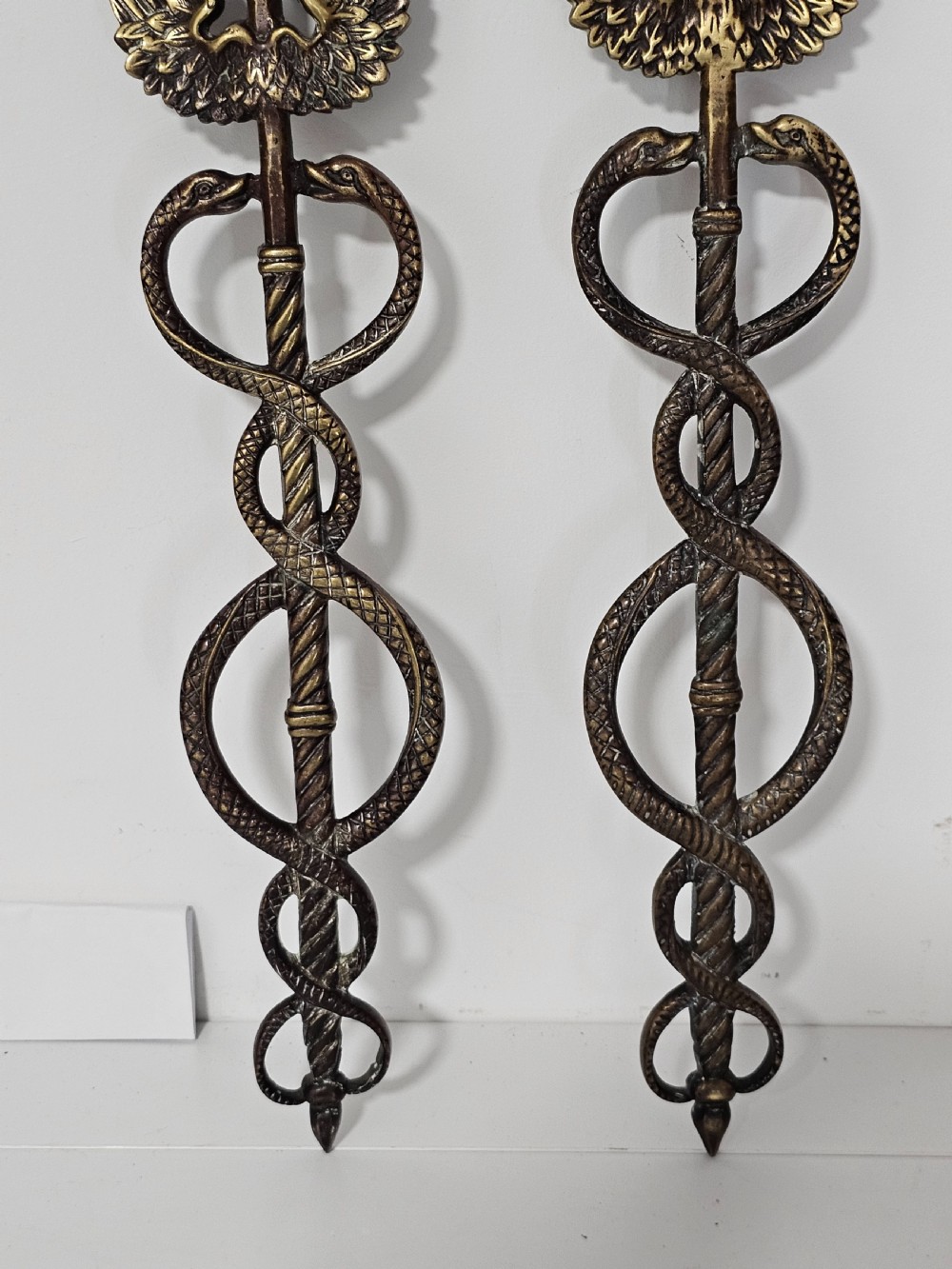 Pair of Caduceus: Symbol of God Hermes Mercury Bronze Bracket entwined by two Serpents, surmounted by wings View XI