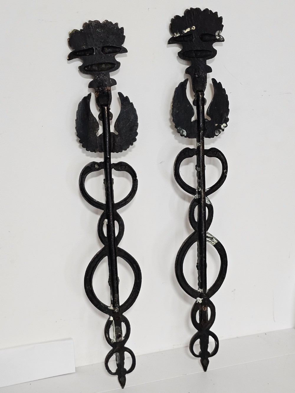 Pair of Caduceus: Symbol of God Hermes Mercury Bronze Bracket entwined by two Serpents, surmounted by wings View XIII