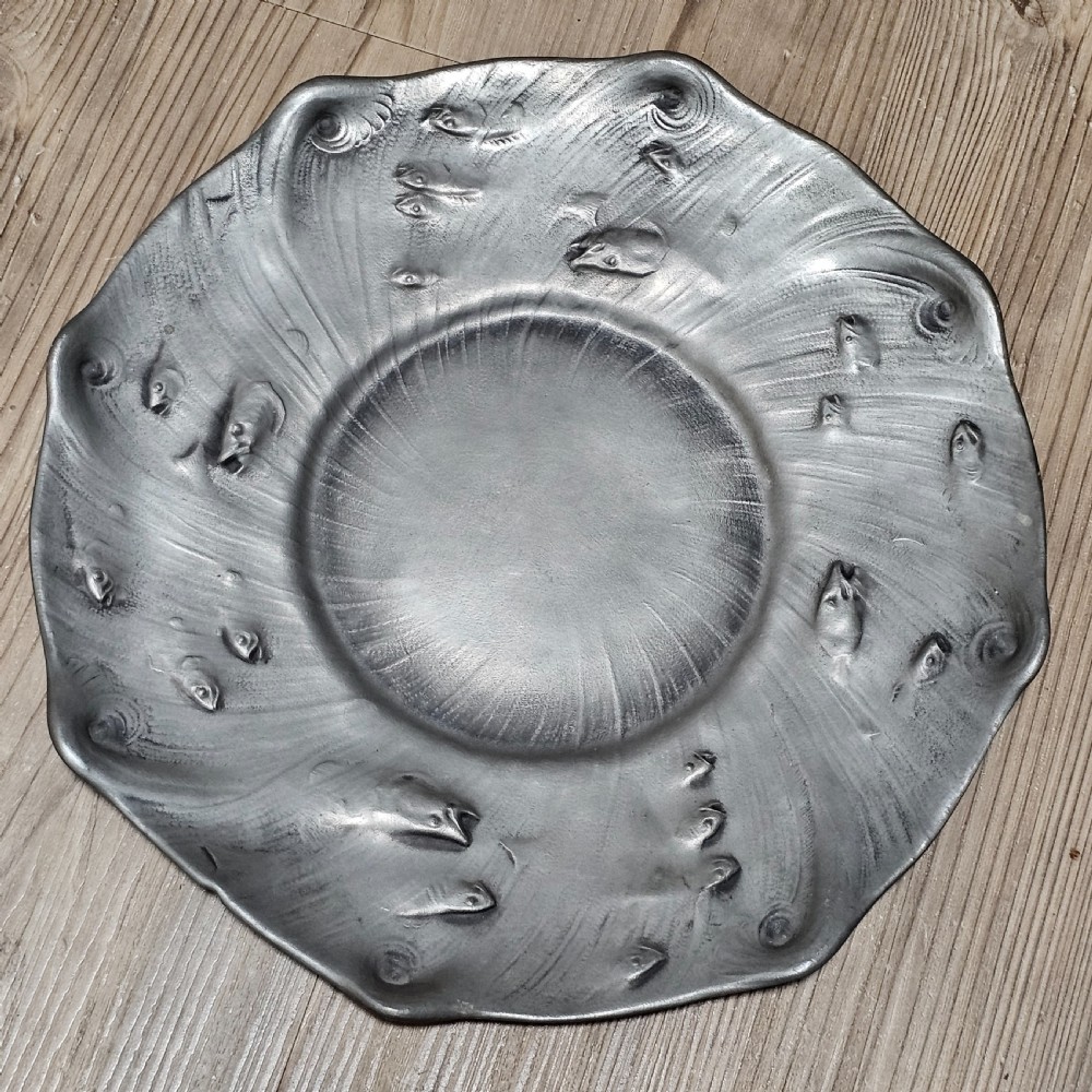Vintage Swedish Art Nouveau Pewter Charger by Olof Ahlberg, Signed:  Decorated on the front with swimming fish relief. View III