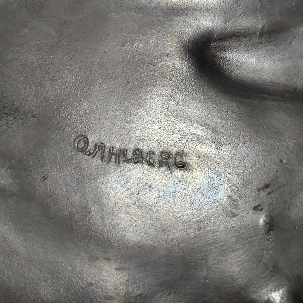 Vintage Swedish Art Nouveau Pewter Charger by Olof Ahlberg, Signed:  Decorated on the front with swimming fish relief. View V