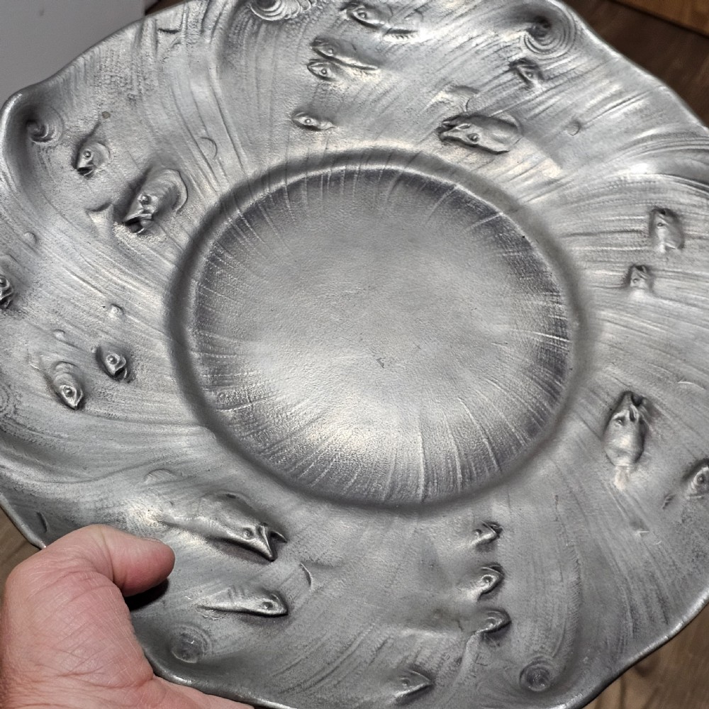 Vintage Swedish Art Nouveau Pewter Charger by Olof Ahlberg, Signed:  Decorated on the front with swimming fish relief. View VII