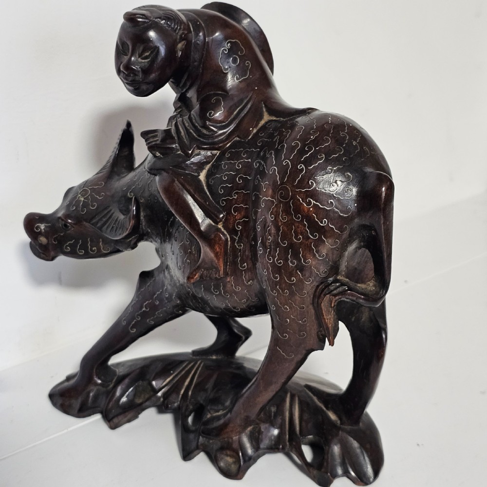 Antique Chinese Wooden Hand-Carved Water Buffalo Statue With Silver Inlay c1920