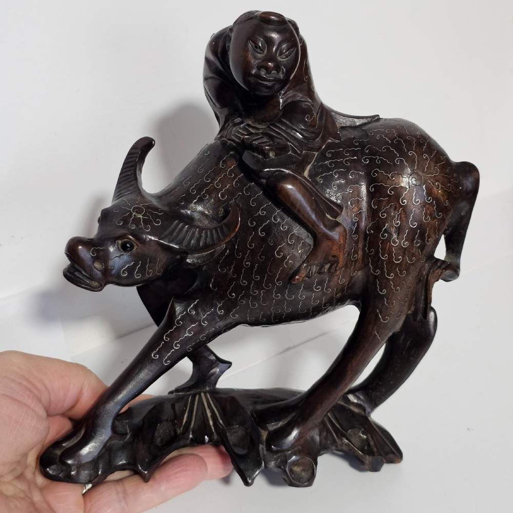 Antique Chinese Wooden Hand-Carved Water Buffalo Statue With Silver Inlay c1920 View II