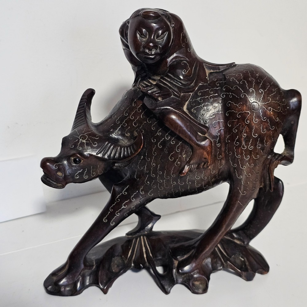 Antique Chinese Wooden Hand-Carved Water Buffalo Statue With Silver Inlay c1920 View III