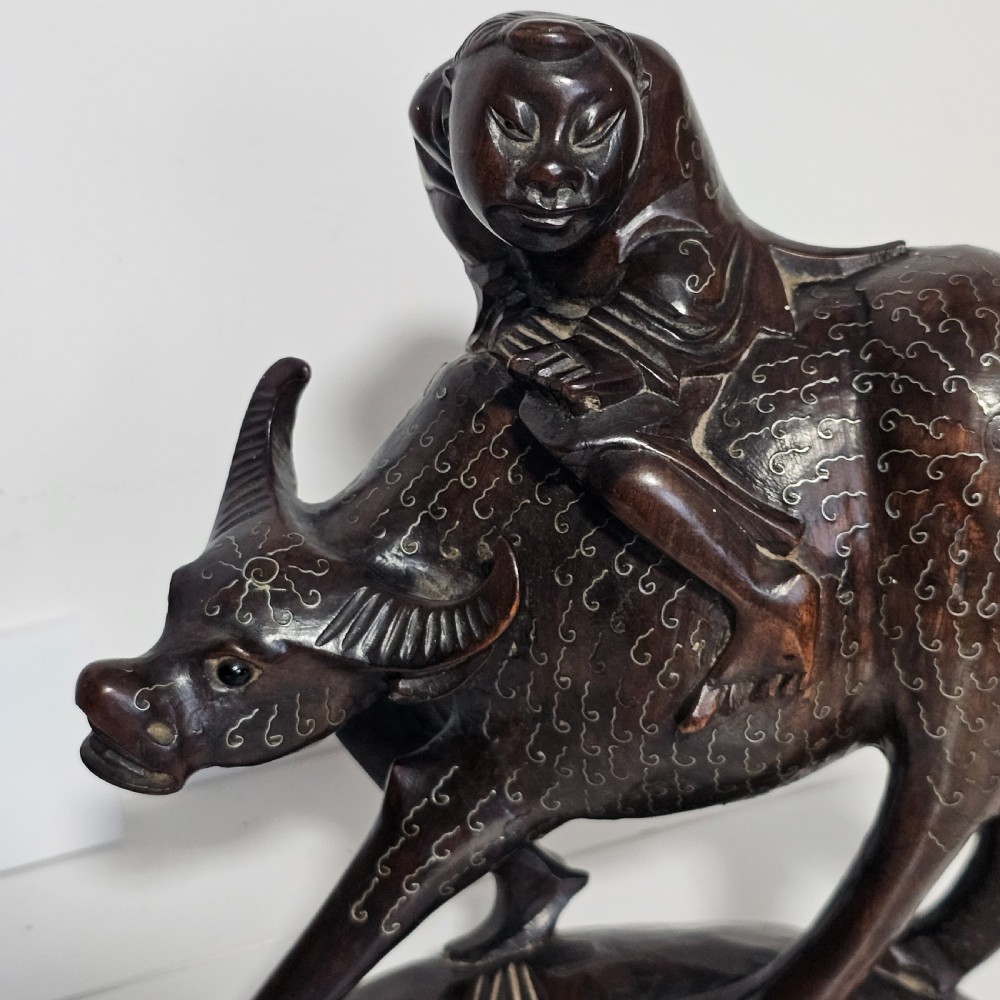Antique Chinese Wooden Hand-Carved Water Buffalo Statue With Silver Inlay c1920 View IV