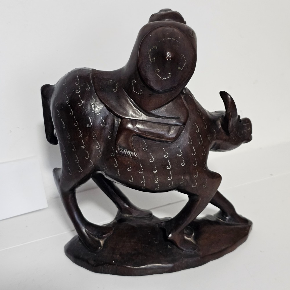 Antique Chinese Wooden Hand-Carved Water Buffalo Statue With Silver Inlay c1920 View V