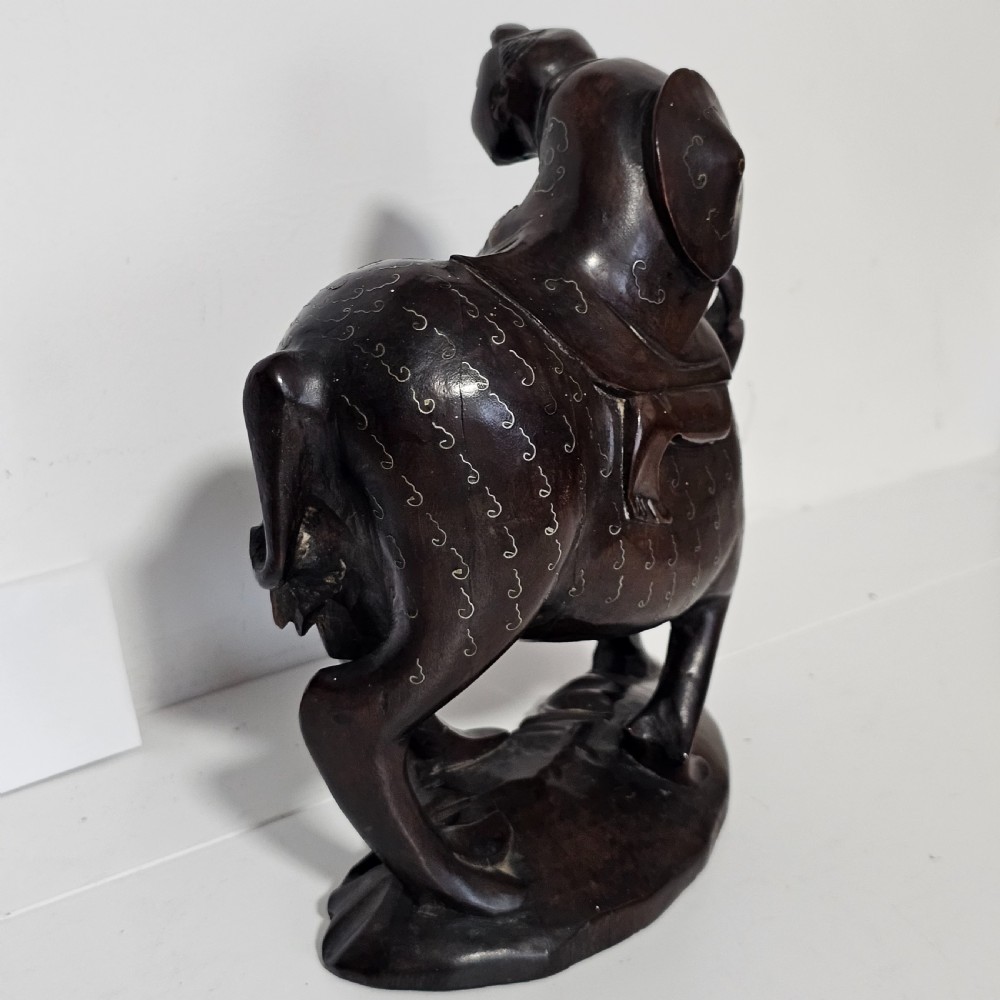 Antique Chinese Wooden Hand-Carved Water Buffalo Statue With Silver Inlay c1920 View VI