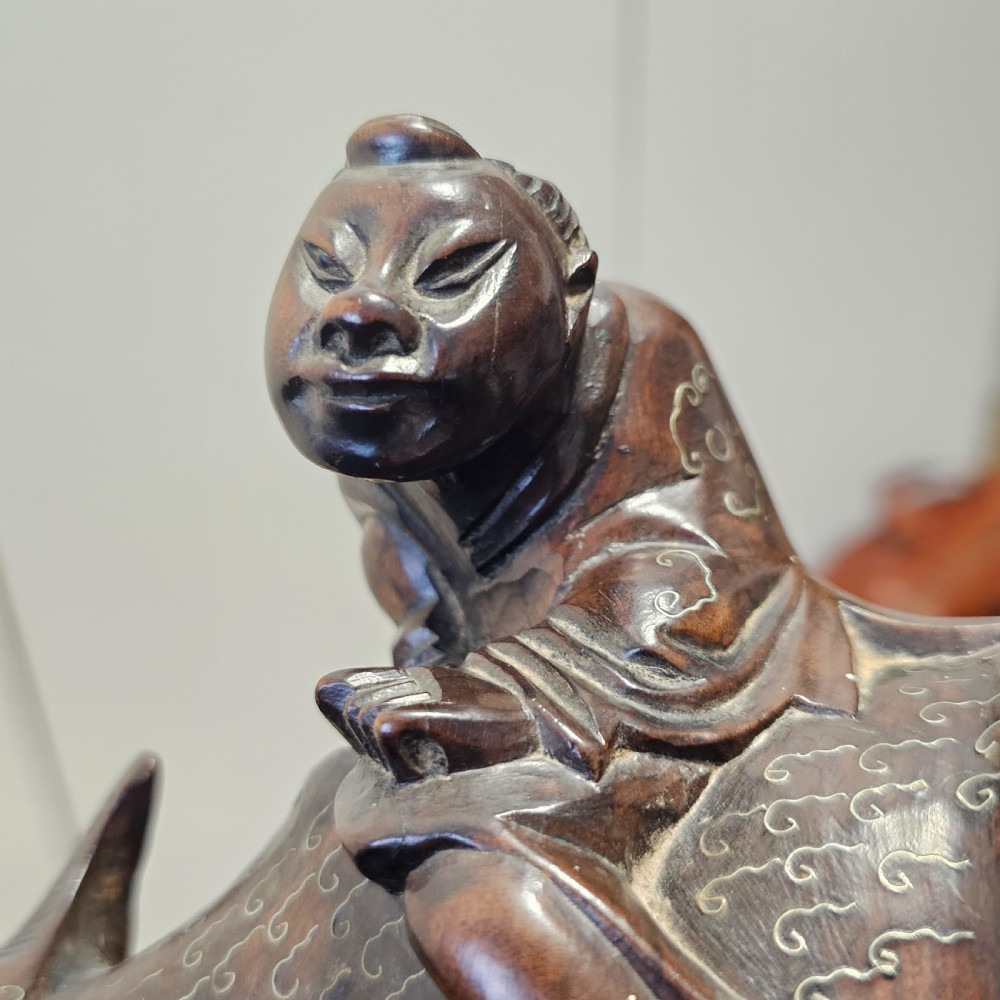 Antique Chinese Wooden Hand-Carved Water Buffalo Statue With Silver Inlay c1920 View VII