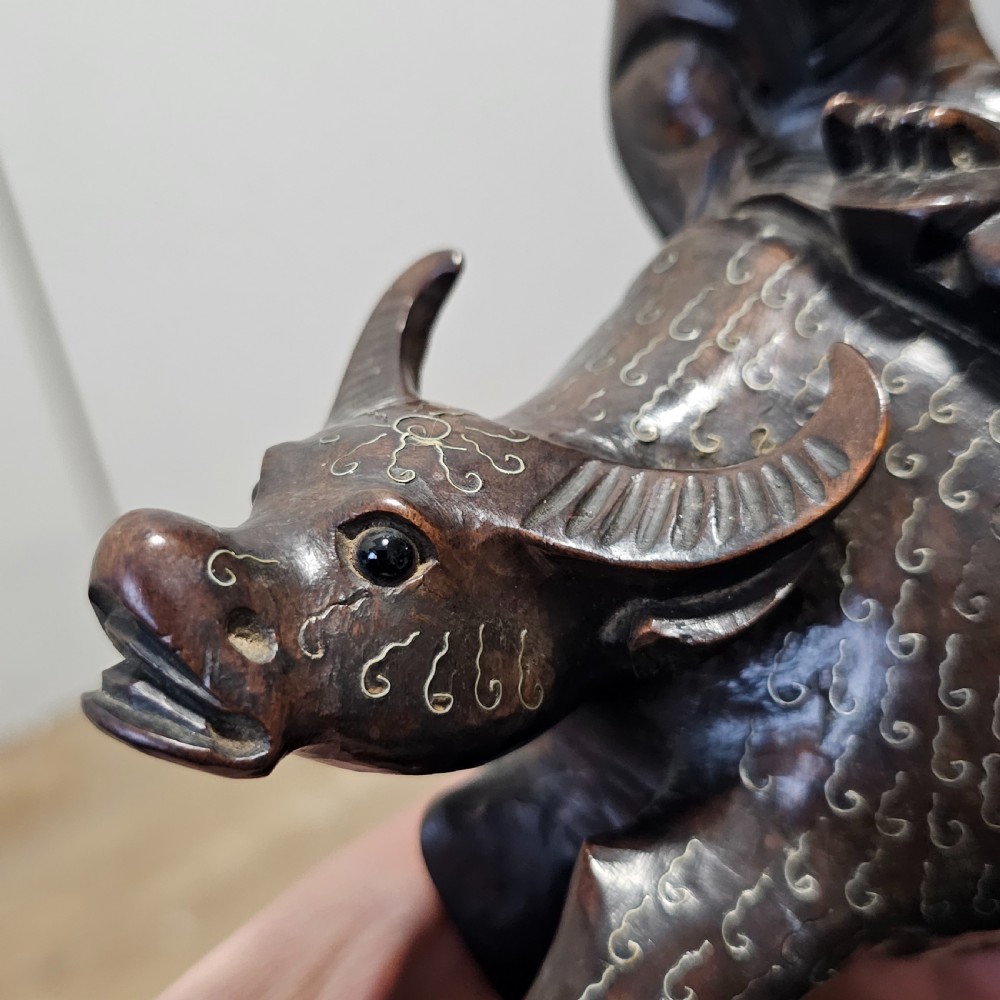 Antique Chinese Wooden Hand-Carved Water Buffalo Statue With Silver Inlay c1920 View VIII