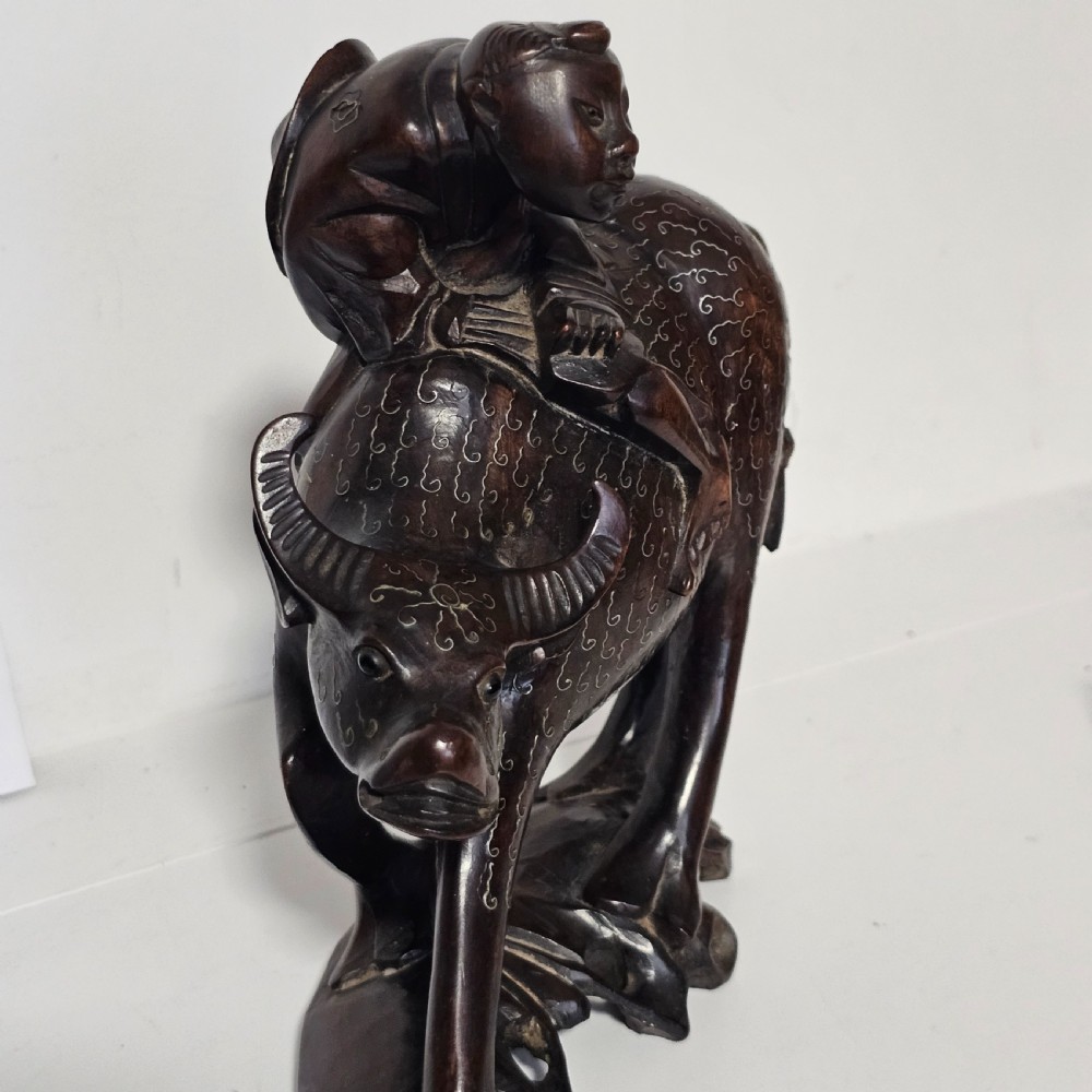 Antique Chinese Wooden Hand-Carved Water Buffalo Statue With Silver Inlay c1920 View IX