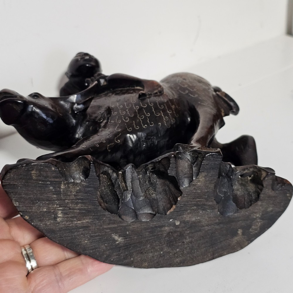 Antique Chinese Wooden Hand-Carved Water Buffalo Statue With Silver Inlay c1920 View X