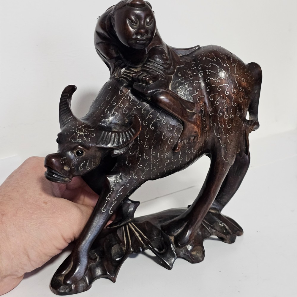 Antique Chinese Wooden Hand-Carved Water Buffalo Statue With Silver Inlay c1920 View XI
