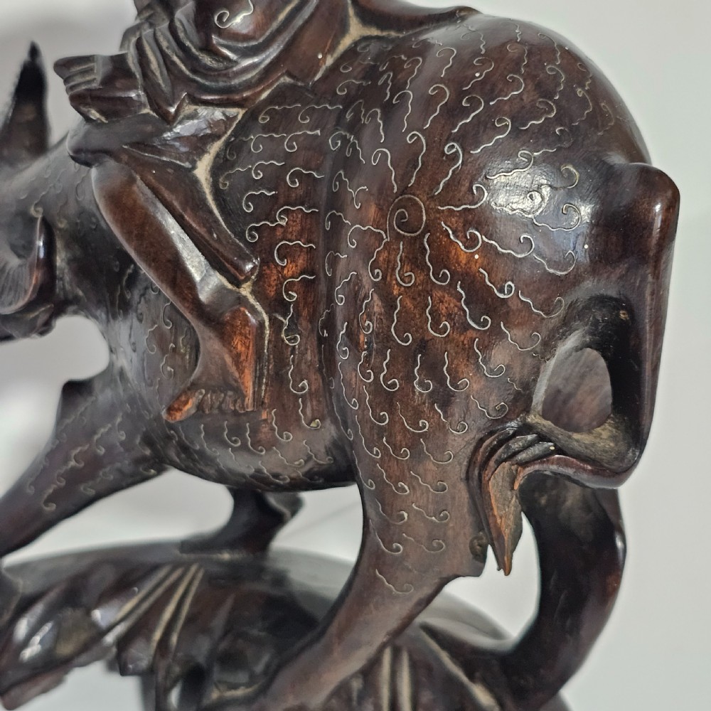 Antique Chinese Wooden Hand-Carved Water Buffalo Statue With Silver Inlay c1920 View XII