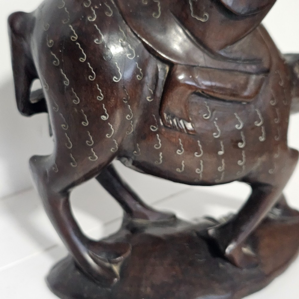 Antique Chinese Wooden Hand-Carved Water Buffalo Statue With Silver Inlay c1920 View XIII