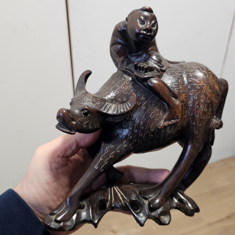 Antique Chinese Wooden Hand-Carved Water Buffalo Statue With Silver Inlay c1920 View XIV