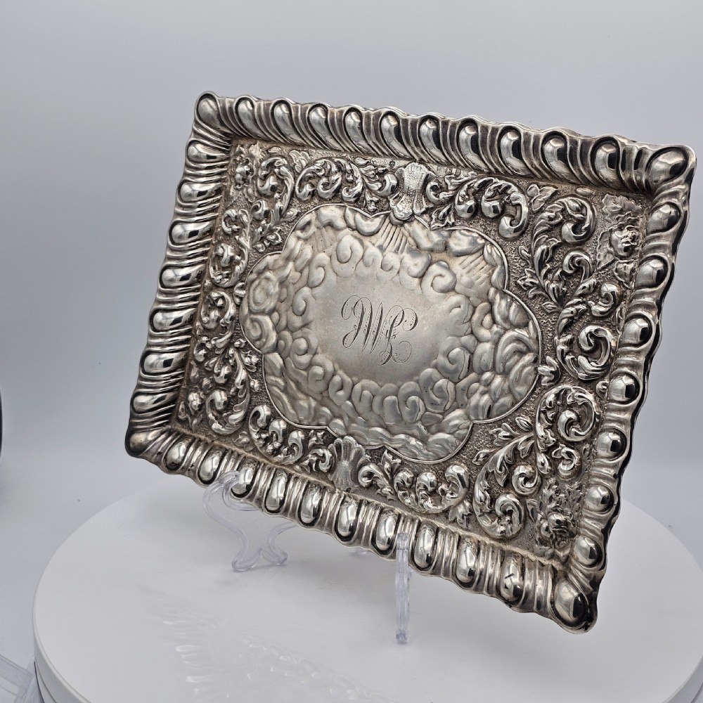 Exquisite Embossed Solid Silver Tray Birmingham 1911