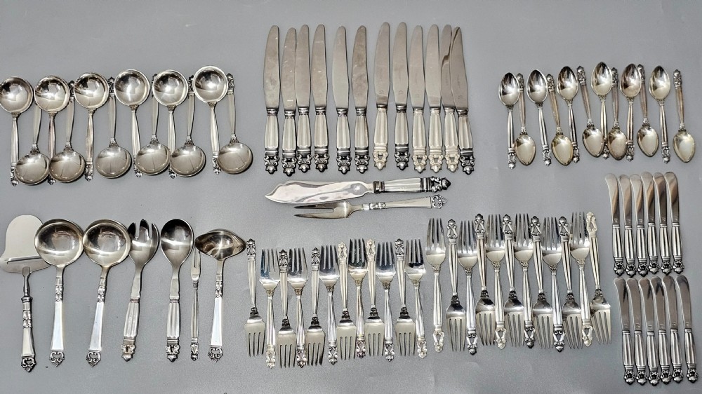 Stunning Vintage Georg Jensen 75pce Silver Acorn Cutlery Service plus 5 x Rare Frigast Silver Servers (Used only once)