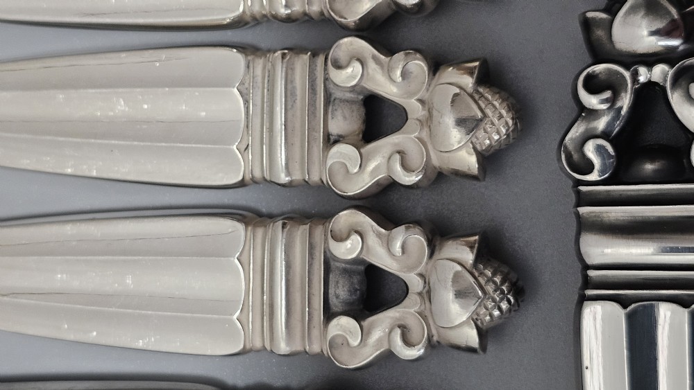 Stunning Vintage Georg Jensen 75pce Silver Acorn Cutlery Service plus 5 x Rare Frigast Silver Servers (Used only once) View IV