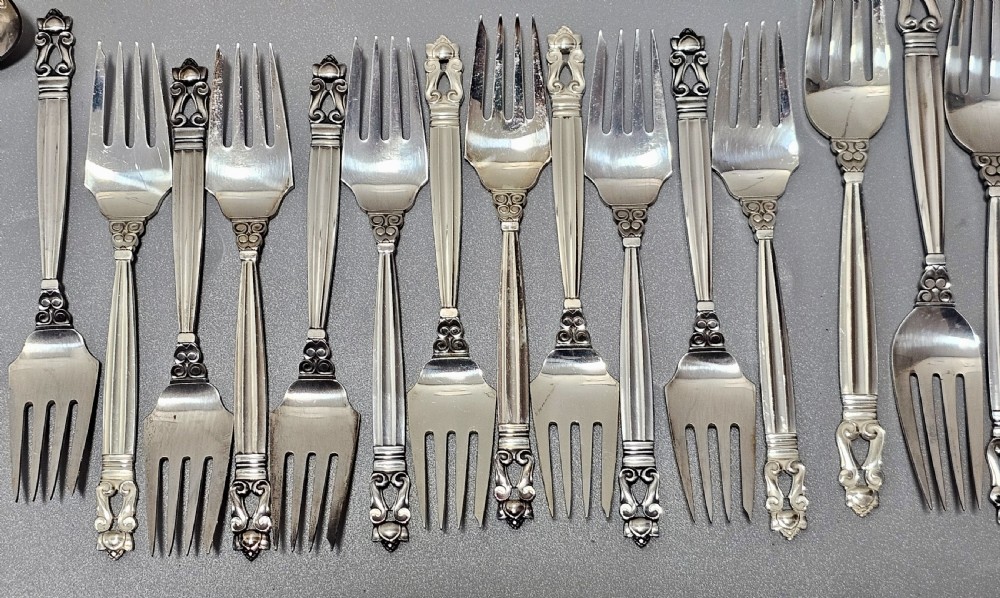 Stunning Vintage Georg Jensen 75pce Silver Acorn Cutlery Service plus 5 x Rare Frigast Silver Servers (Used only once) View V