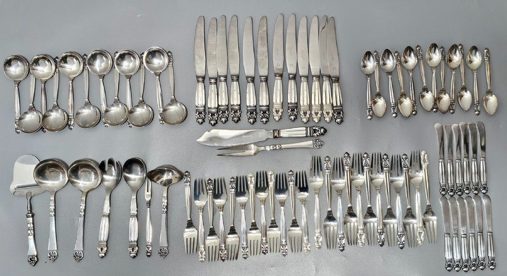 Stunning Vintage Georg Jensen 75pce Silver Acorn Cutlery Service plus 5 x Rare Frigast Silver Servers (Used only once) View IX