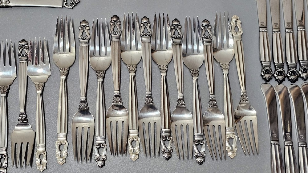 Stunning Vintage Georg Jensen 75pce Silver Acorn Cutlery Service plus 5 x Rare Frigast Silver Servers (Used only once) View X