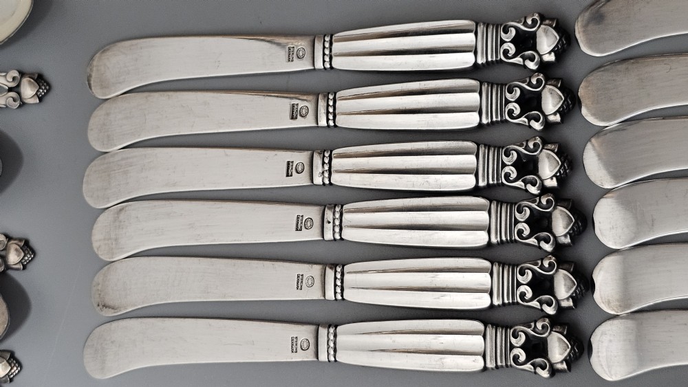 Stunning Vintage Georg Jensen 75pce Silver Acorn Cutlery Service plus 5 x Rare Frigast Silver Servers (Used only once) View XII