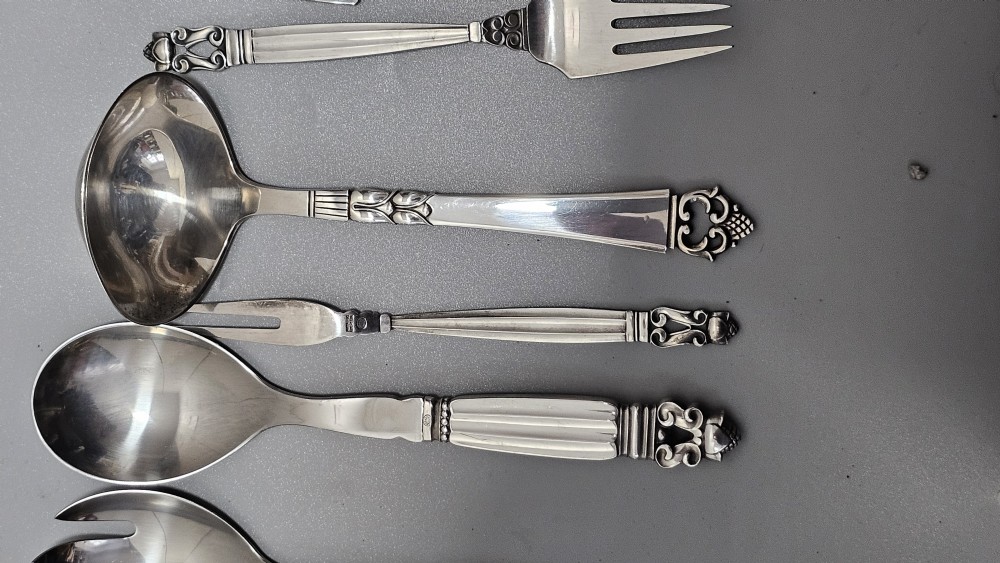 Stunning Vintage Georg Jensen 75pce Silver Acorn Cutlery Service plus 5 x Rare Frigast Silver Servers (Used only once) View XV