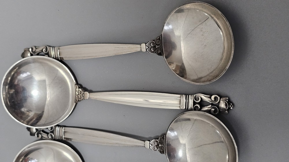 Stunning Vintage Georg Jensen 75pce Silver Acorn Cutlery Service plus 5 x Rare Frigast Silver Servers (Used only once) View XXI