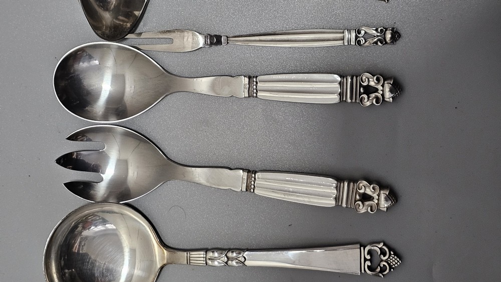 Stunning Vintage Georg Jensen 75pce Silver Acorn Cutlery Service plus 5 x Rare Frigast Silver Servers (Used only once) View XXIV