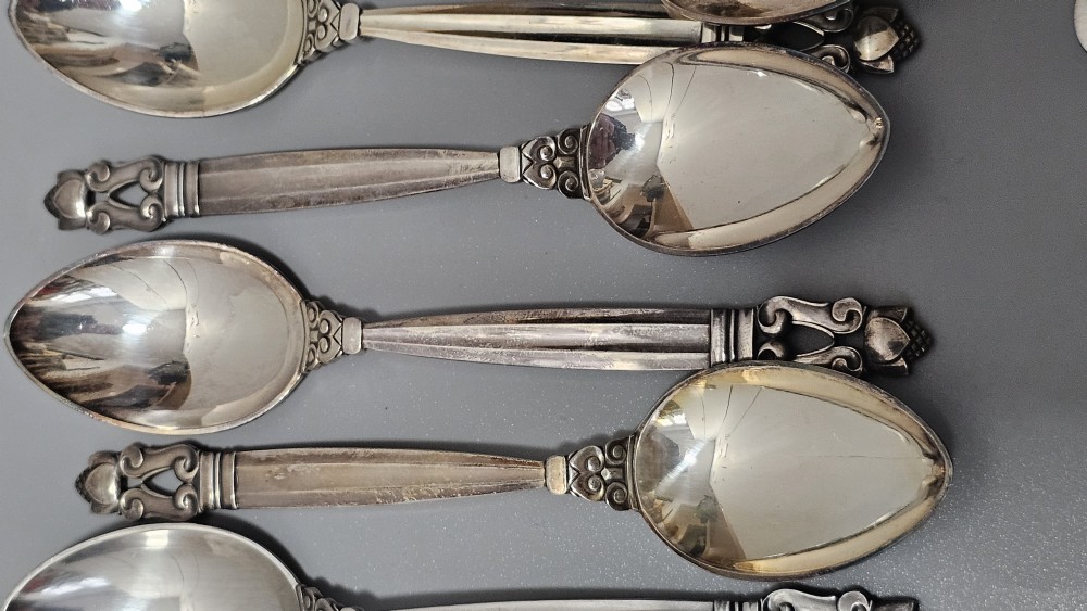 Stunning Vintage Georg Jensen 75pce Silver Acorn Cutlery Service plus 5 x Rare Frigast Silver Servers (Used only once) View XXVII