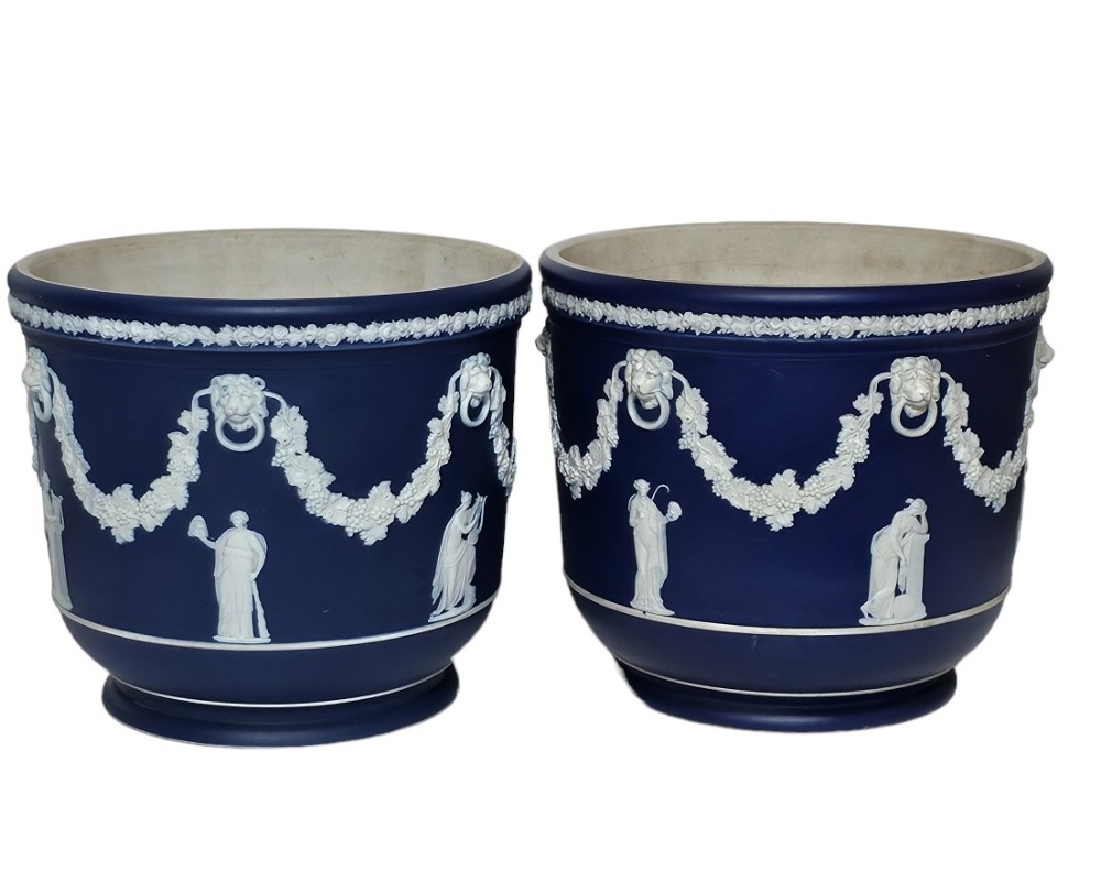 Pair of Large Wedgwood Dark Blue Dip Jasper ware Jardiniere Cache Pots c1890