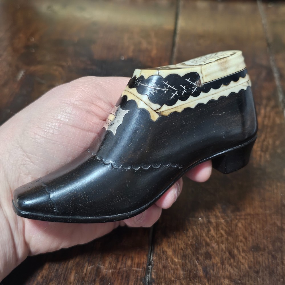 Very Fine & Very Large 19th-C Carved and Inlaid Treen Novelty Shoe Snuff/Tobacco Box View II