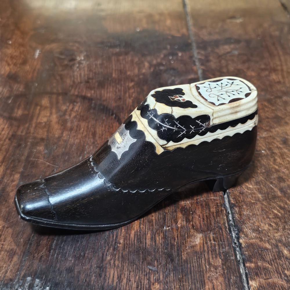 Very Fine & Very Large 19th-C Carved and Inlaid Treen Novelty Shoe Snuff/Tobacco Box View VI