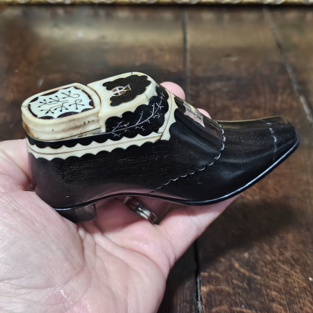 Very Fine & Very Large 19th-C Carved and Inlaid Treen Novelty Shoe Snuff/Tobacco Box View XVI