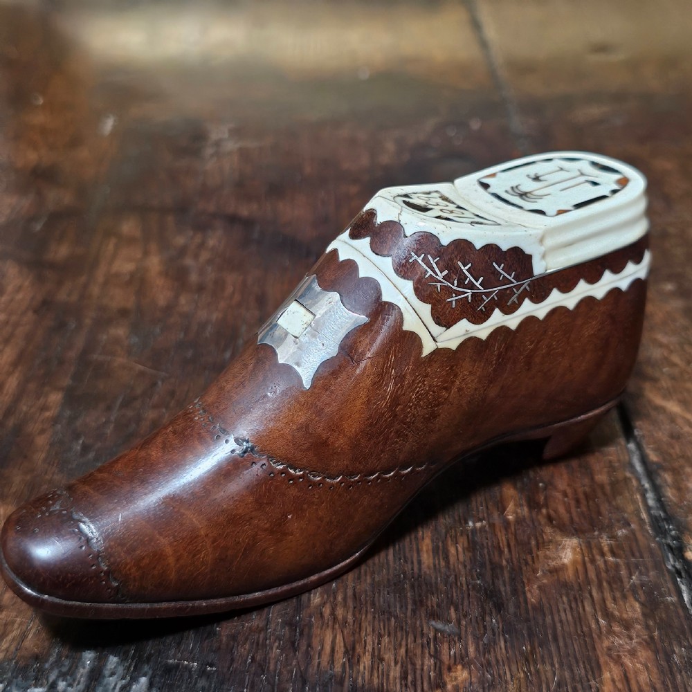 Exquisite Rare Dated Very Large 19thc Inlaid Treen Novelty Snuff/Tobacco Box Formed as a Shoe