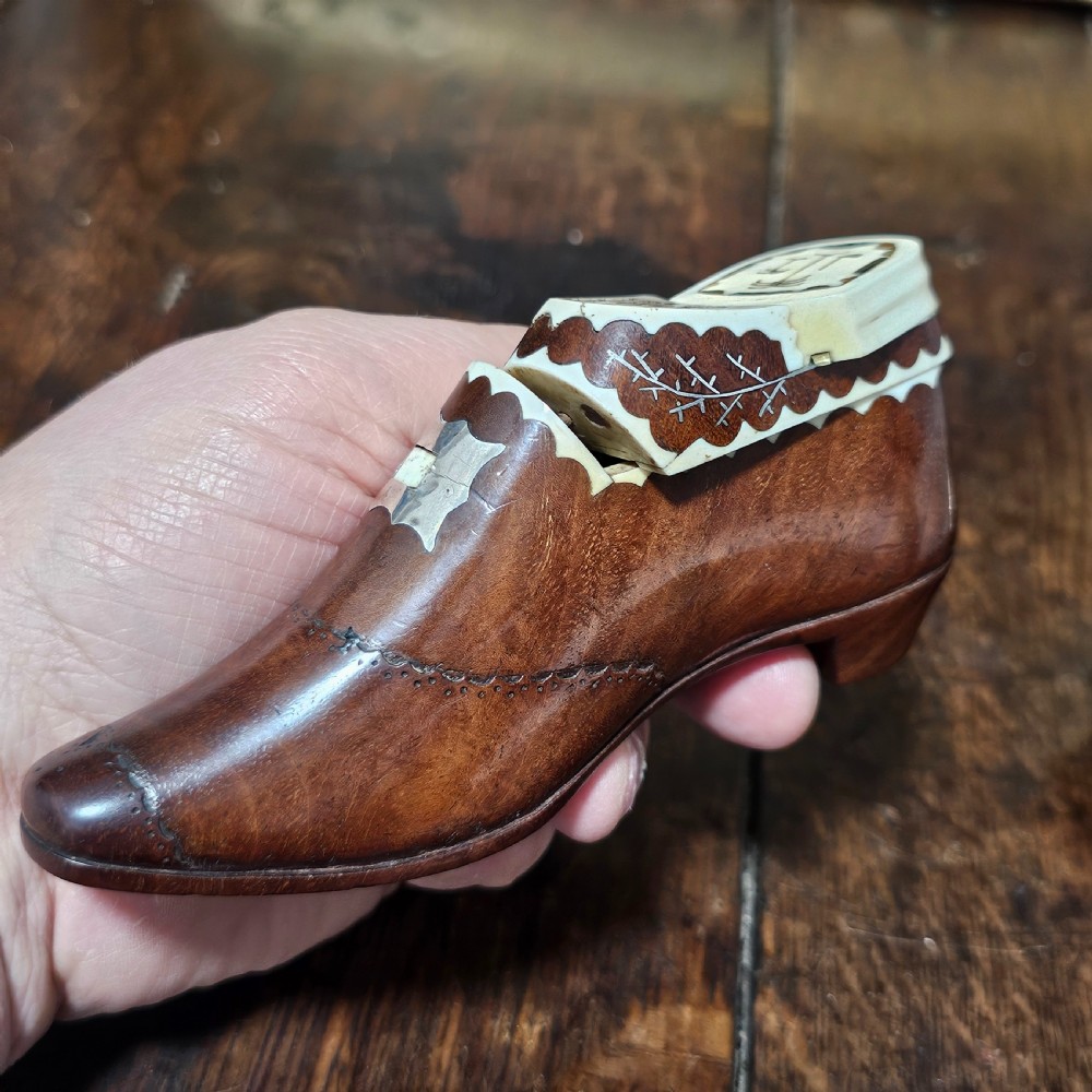 Exquisite Rare Dated Very Large 19thc Inlaid Treen Novelty Snuff/Tobacco Box Formed as a Shoe View II