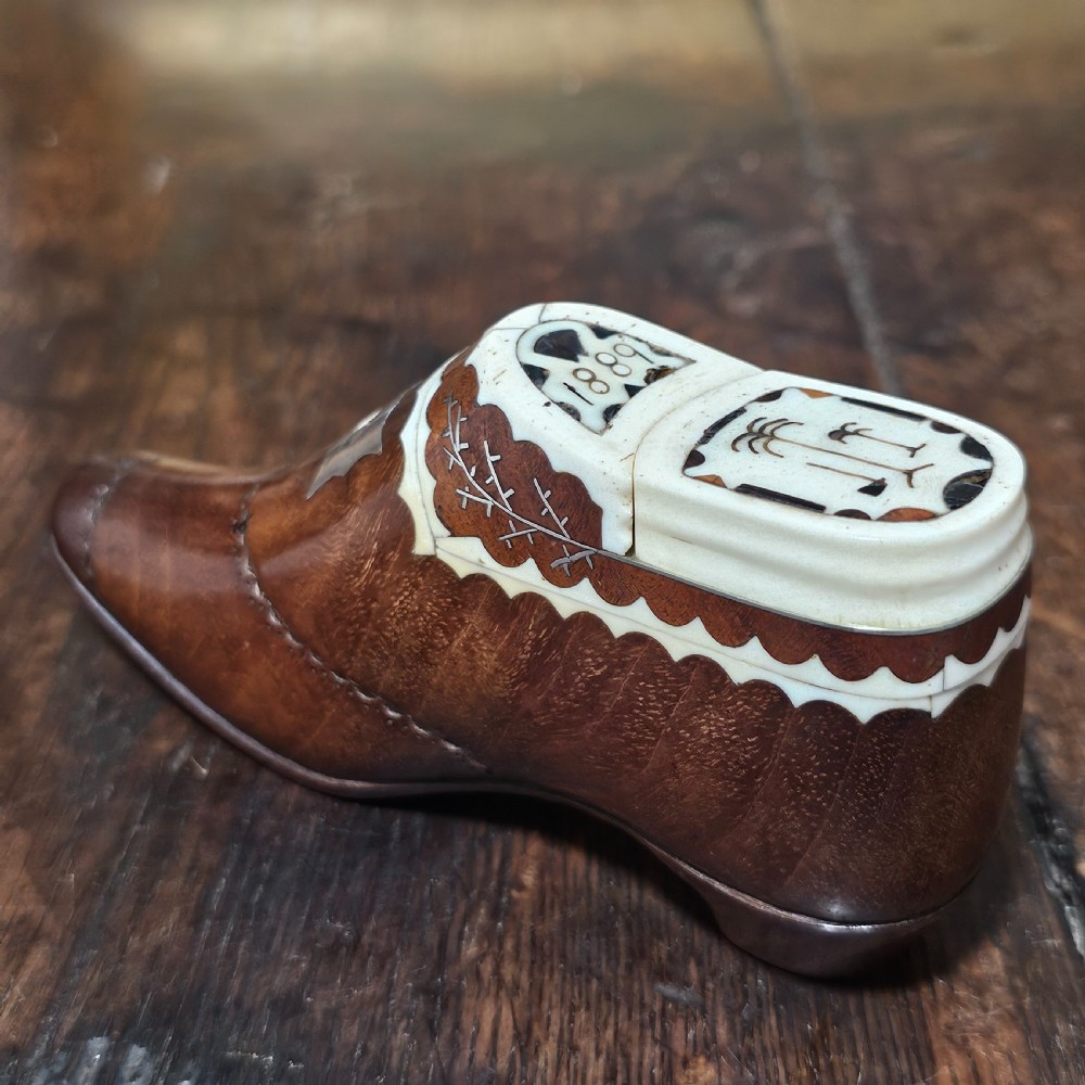 Exquisite Rare Dated Very Large 19thc Inlaid Treen Novelty Snuff/Tobacco Box Formed as a Shoe View IV