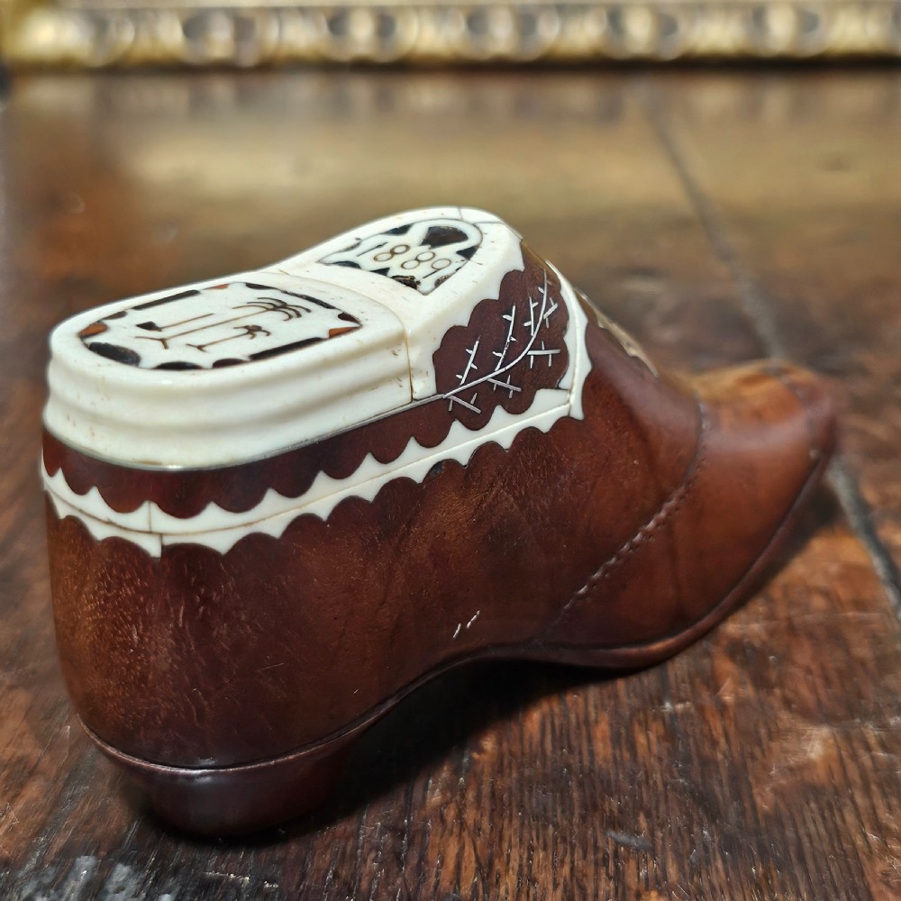 Exquisite Rare Dated Very Large 19thc Inlaid Treen Novelty Snuff/Tobacco Box Formed as a Shoe View VI