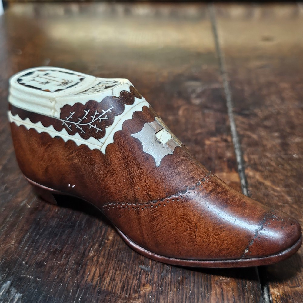 Exquisite Rare Dated Very Large 19thc Inlaid Treen Novelty Snuff/Tobacco Box Formed as a Shoe View VII